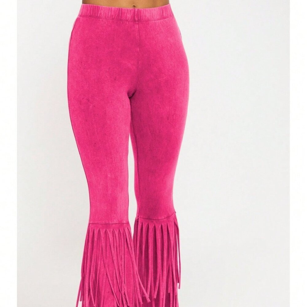 Fuchsia Casual Women's Mineral Washed 2 Layers Fringe Detailed Pants